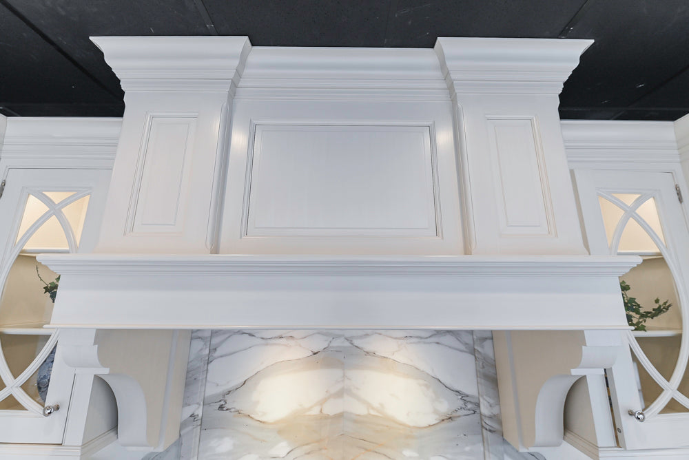 Showcase Transitional White Kitchen with Marble Countertops and La Cornue Chateau 120 Range with French Top