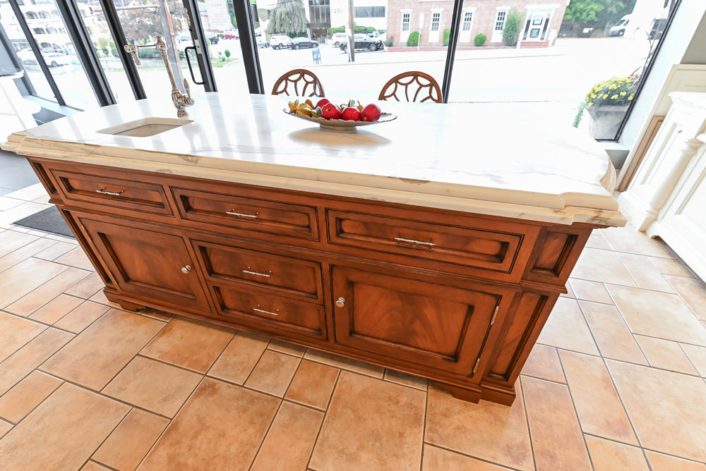 Showcase Transitional White Kitchen with Marble Countertops and La Cornue Chateau 120 Range with French Top
