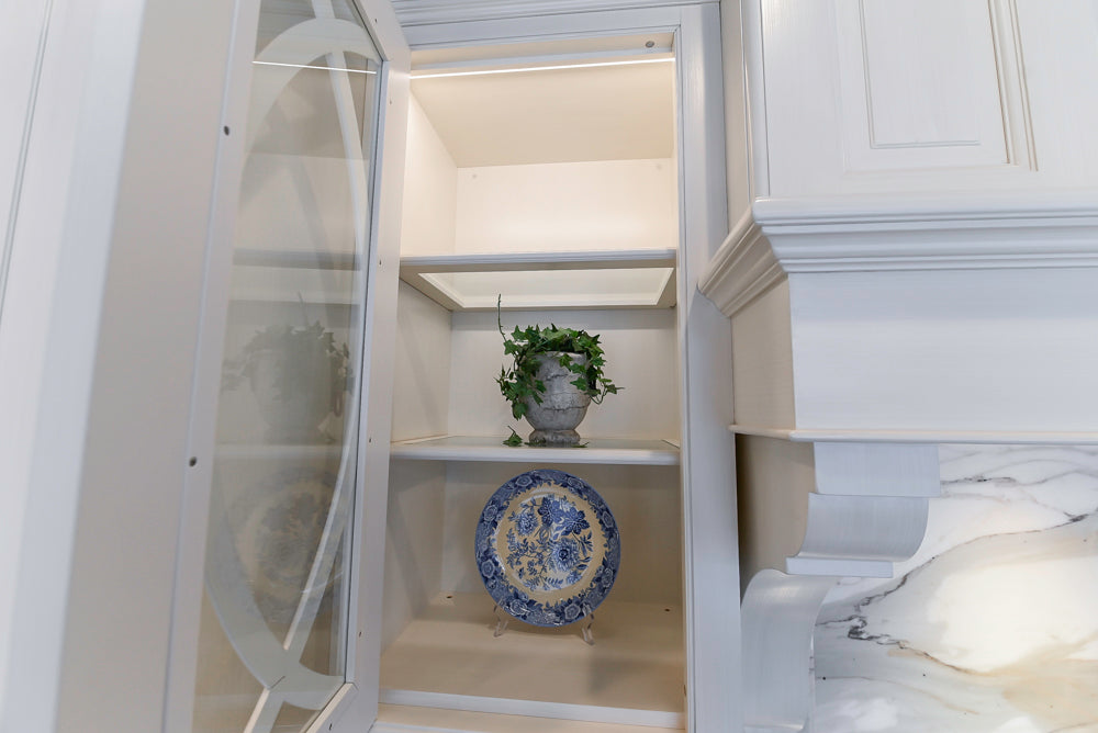 Showcase Transitional White Kitchen with Marble Countertops and La Cornue Chateau 120 Range with French Top