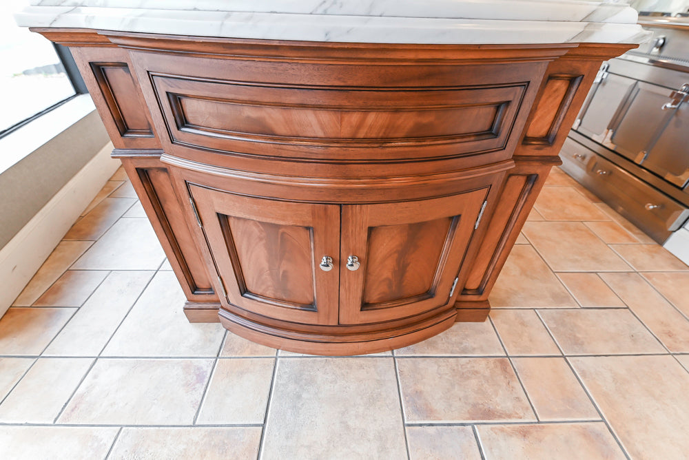 Showcase Transitional White Kitchen with Marble Countertops and La Cornue Chateau 120 Range with French Top