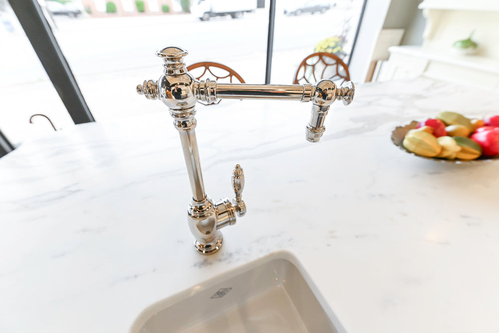 Showcase Transitional White Kitchen with Marble Countertops and La Cornue Chateau 120 Range with French Top