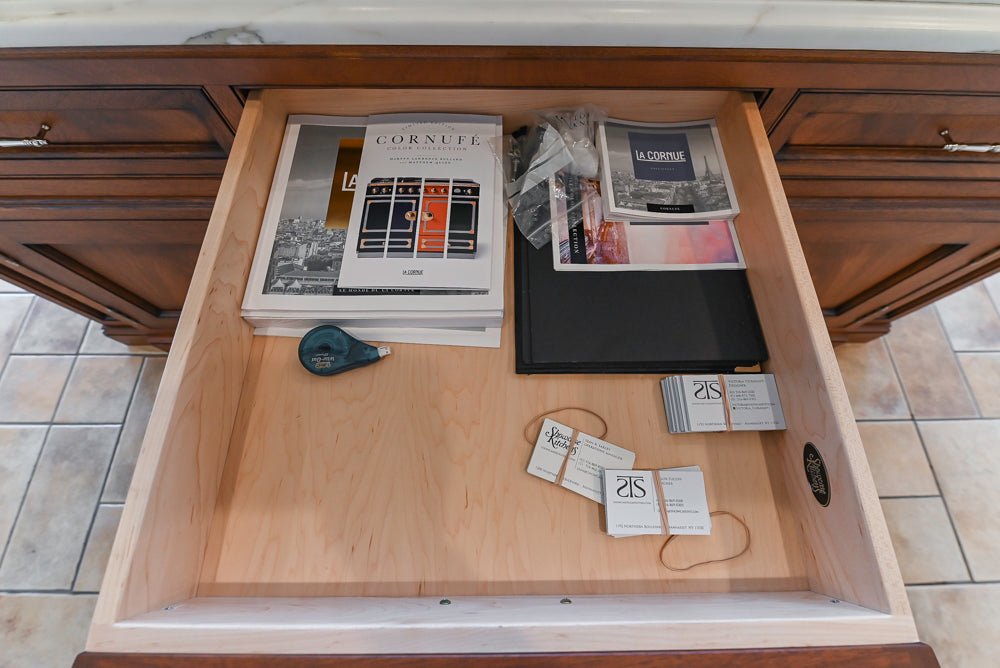 Showcase Transitional White Kitchen with Marble Countertops and La Cornue Chateau 120 Range with French Top