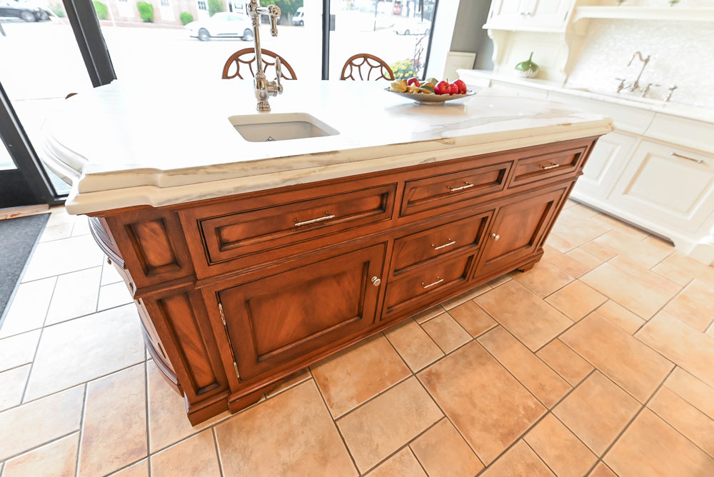 Showcase Transitional White Kitchen with Marble Countertops and La Cornue Chateau 120 Range with French Top
