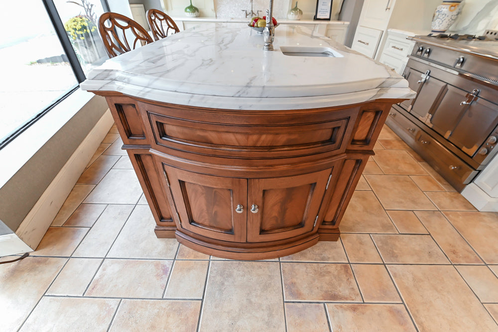 Showcase Transitional White Kitchen with Marble Countertops and La Cornue Chateau 120 Range with French Top