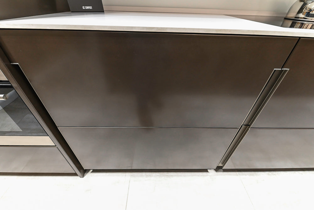 Composit Modern Brown Kitchen with Waterfall Island, Stone Countertops and Wolf & Sub-Zero Appliances