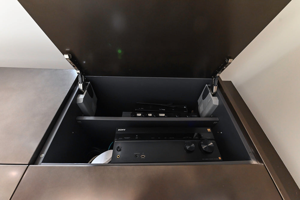 Composit Modern Brown Kitchen with Waterfall Island, Stone Countertops and Wolf & Sub-Zero Appliances