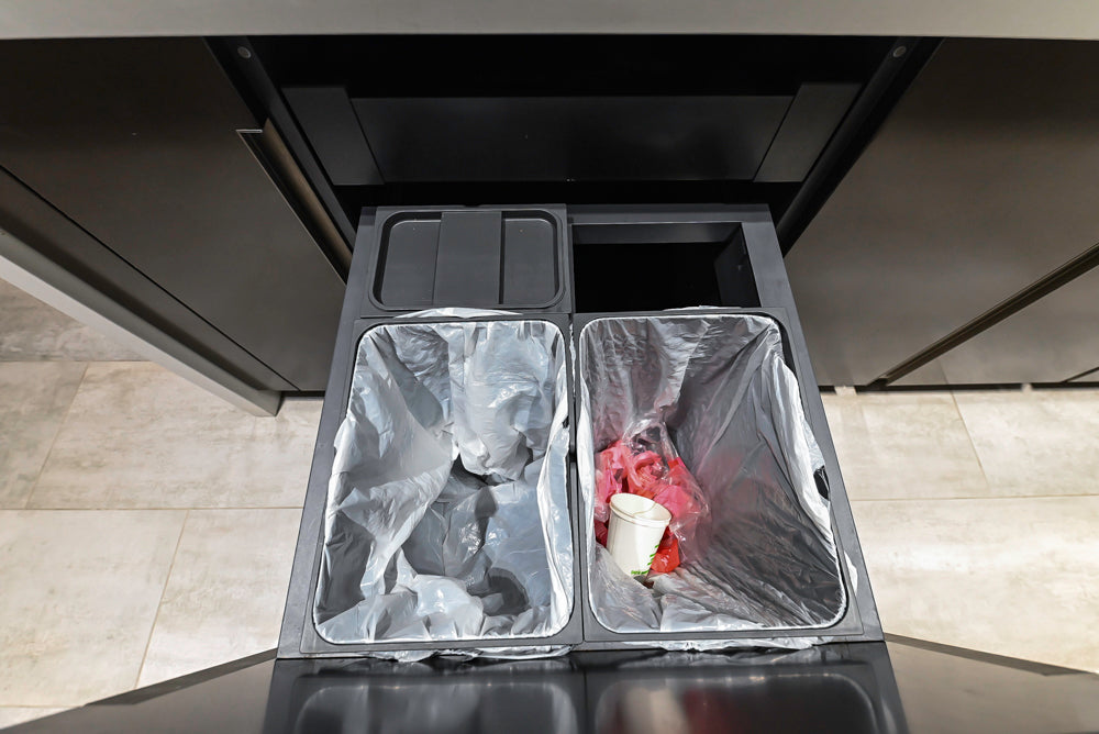 Composit Modern Brown Kitchen with Waterfall Island, Stone Countertops and Wolf & Sub-Zero Appliances