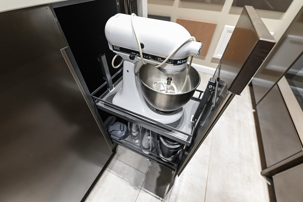 Composit Modern Brown Kitchen with Waterfall Island, Stone Countertops and Wolf & Sub-Zero Appliances