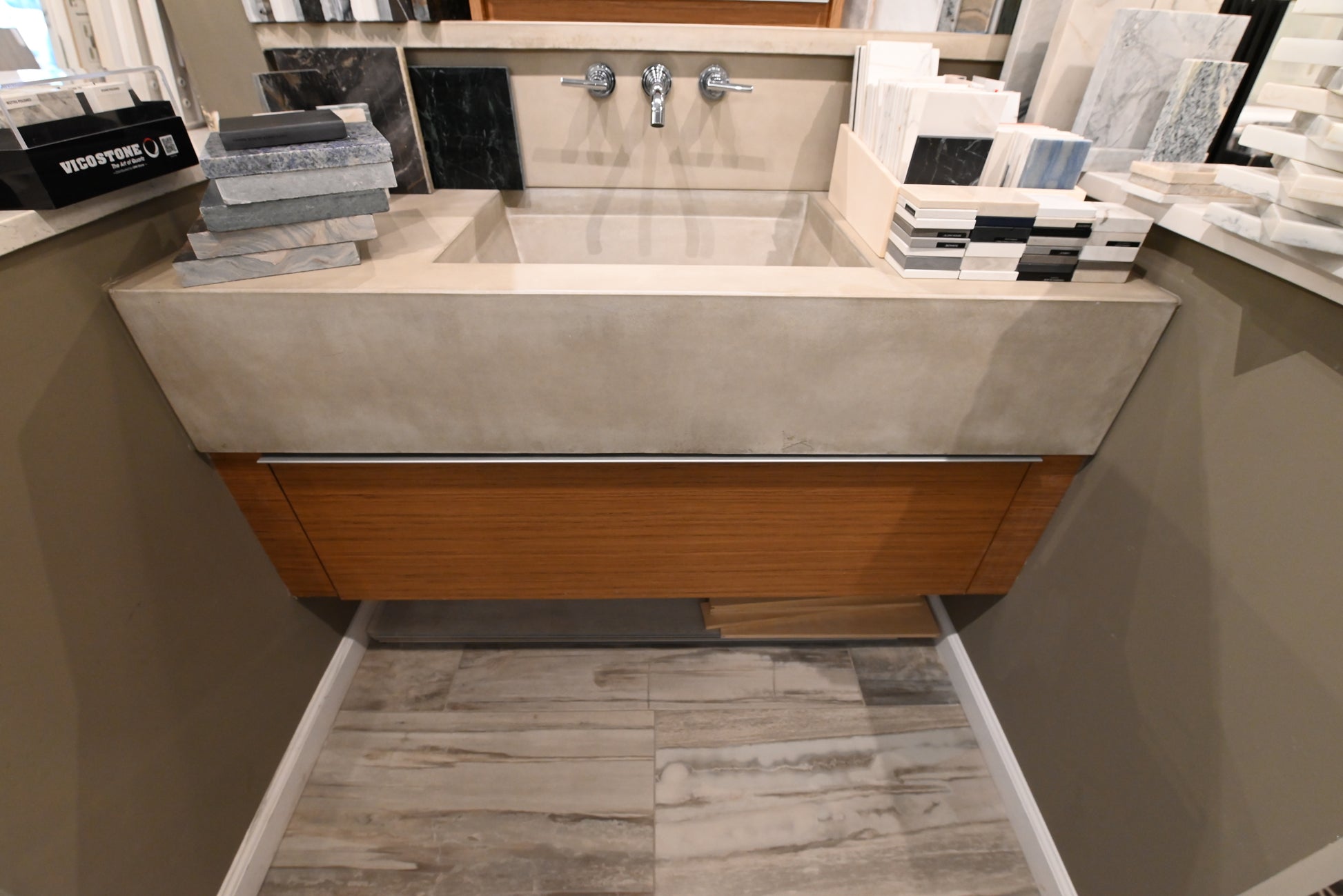 Showcase Modern 53 1/2" Floating Single Vanity with Integrated Stone Sink and Top, Medicine Cabinet and Shelving