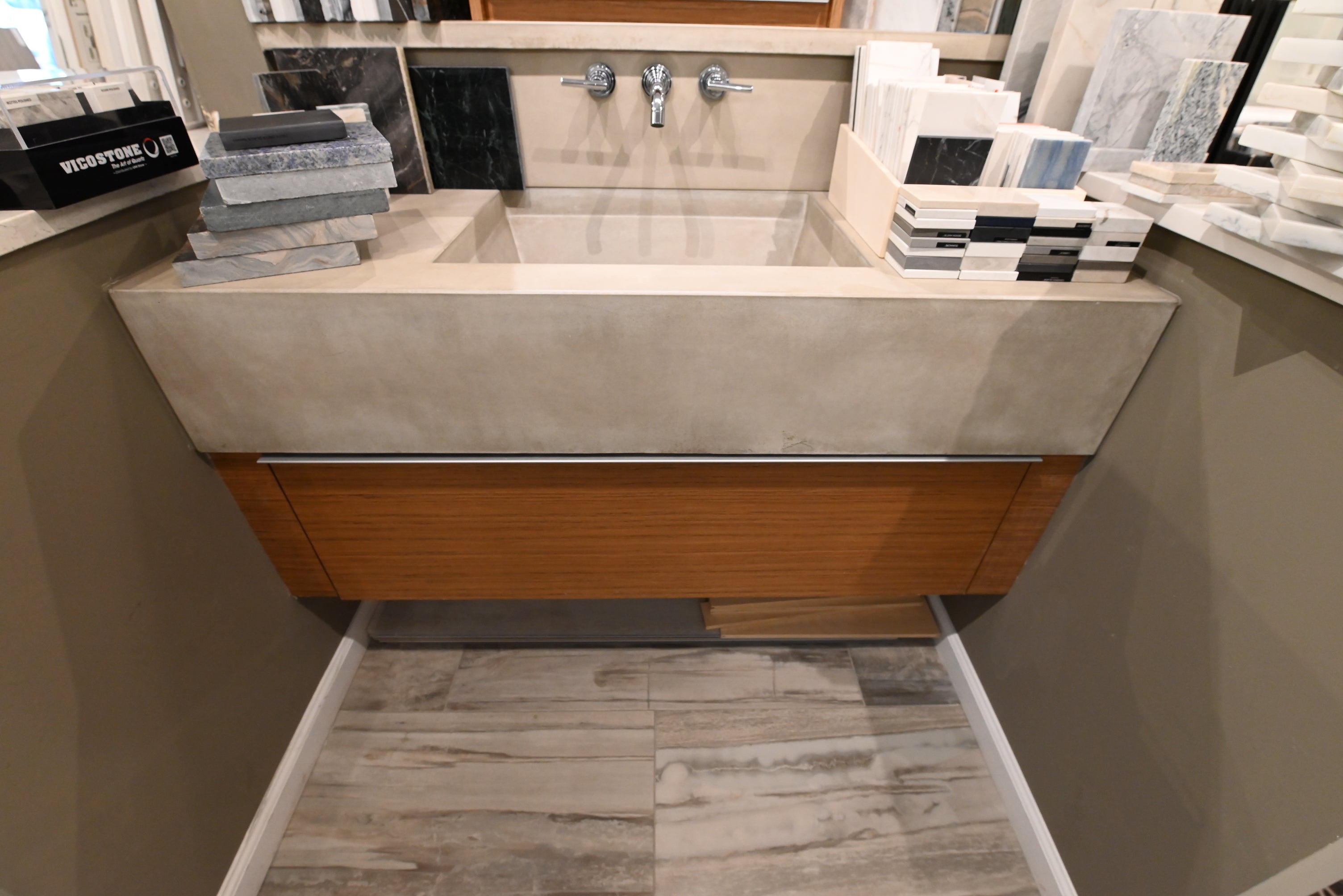 Showcase Modern 53 1/2" Floating Single Vanity with Integrated Stone Sink and Top, Medicine Cabinet and Shelving