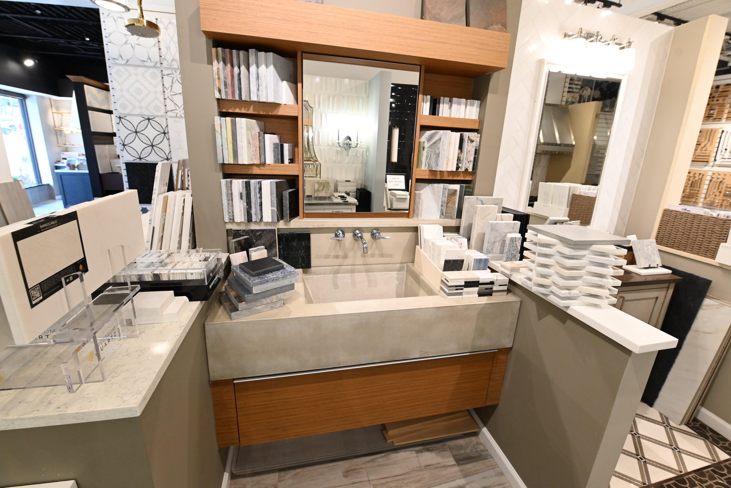 Showcase Modern 53 1/2" Floating Single Vanity with Integrated Stone Sink and Top, Medicine Cabinet and Shelving
