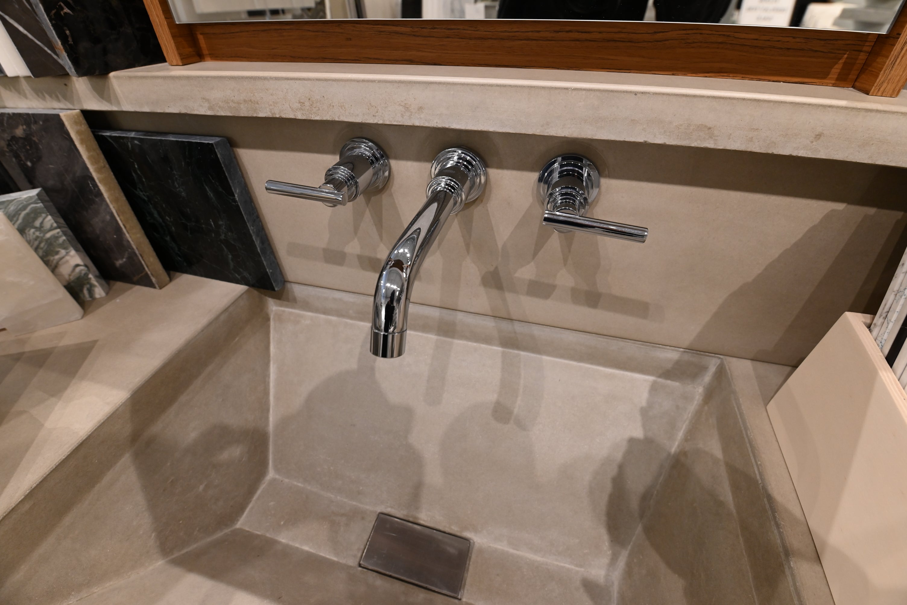 Showcase Modern 53 1/2" Floating Single Vanity with Integrated Stone Sink and Top, Medicine Cabinet and Shelving