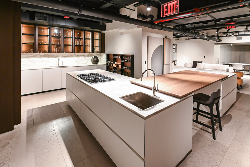 Poliform Artex Glacier White & Moka Modern Kitchen with Marble Countertops and Sub-Zero & Wolf Appliances