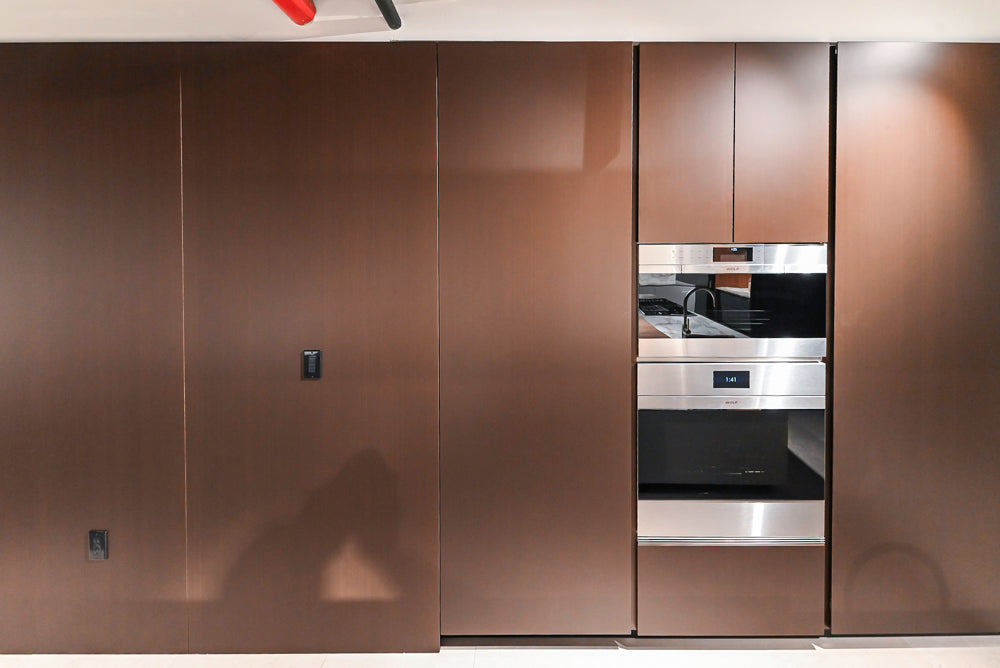 Poliform Artex Glacier White & Moka Modern Kitchen with Marble Countertops and Sub-Zero & Wolf Appliances