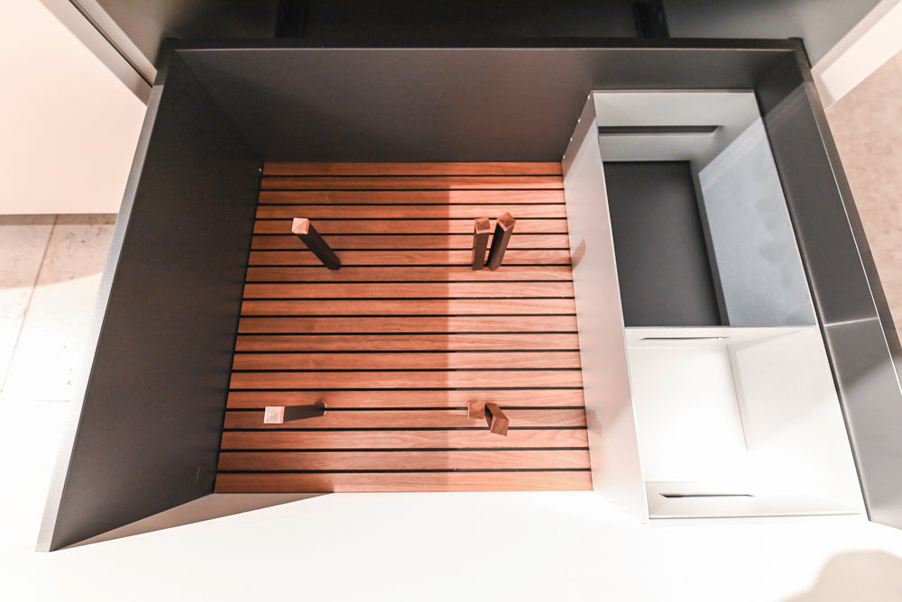 Poliform Artex Glacier White & Moka Modern Kitchen with Marble Countertops and Sub-Zero & Wolf Appliances