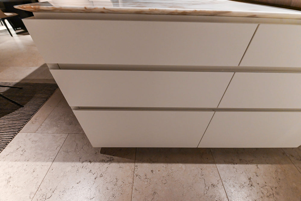 Poliform Artex Glacier White & Moka Modern Kitchen with Marble Countertops and Sub-Zero & Wolf Appliances