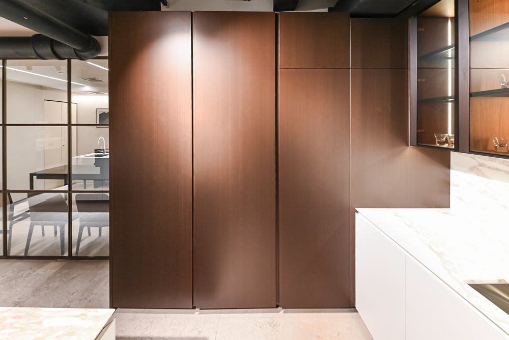 Poliform Artex Glacier White & Moka Modern Kitchen with Marble Countertops and Sub-Zero & Wolf Appliances