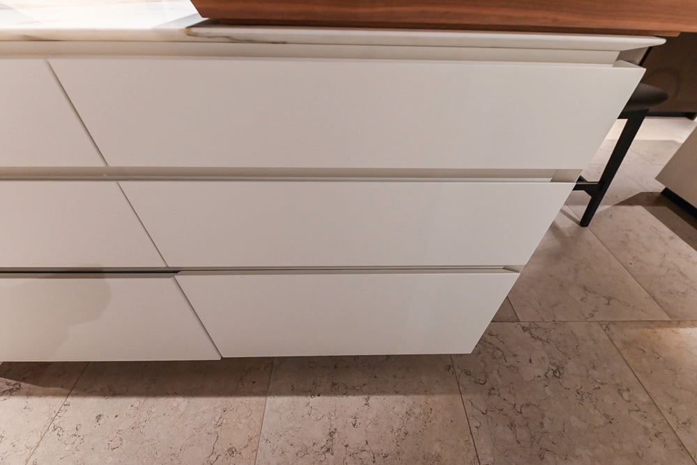 Poliform Artex Glacier White & Moka Modern Kitchen with Marble Countertops and Sub-Zero & Wolf Appliances