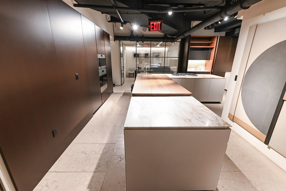 Poliform Artex Glacier White & Moka Modern Kitchen with Marble Countertops and Sub-Zero & Wolf Appliances