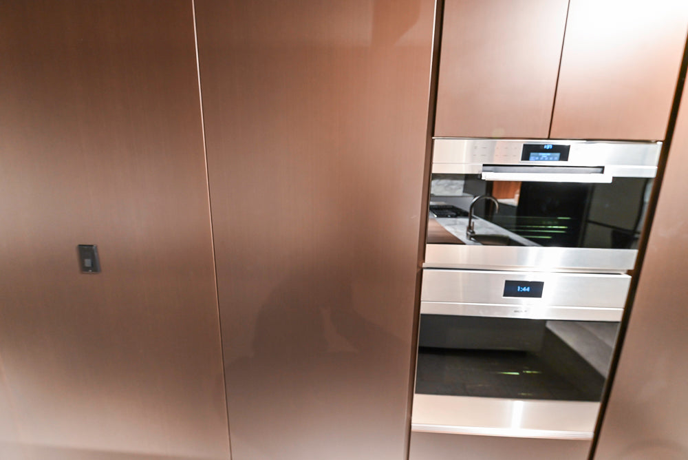 Poliform Artex Glacier White & Moka Modern Kitchen with Marble Countertops and Sub-Zero & Wolf Appliances