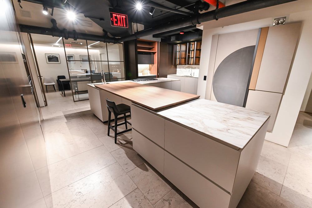 Poliform Artex Glacier White & Moka Modern Kitchen with Marble Countertops and Sub-Zero & Wolf Appliances