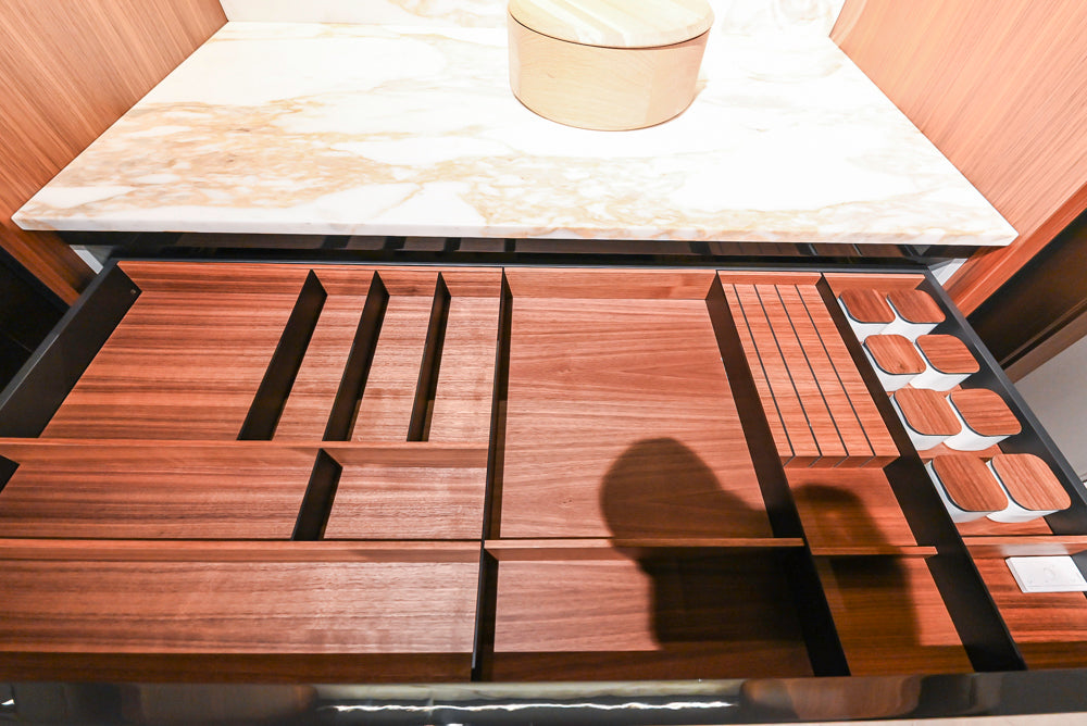 Poliform Artex Glacier White & Moka Modern Kitchen with Marble Countertops and Sub-Zero & Wolf Appliances