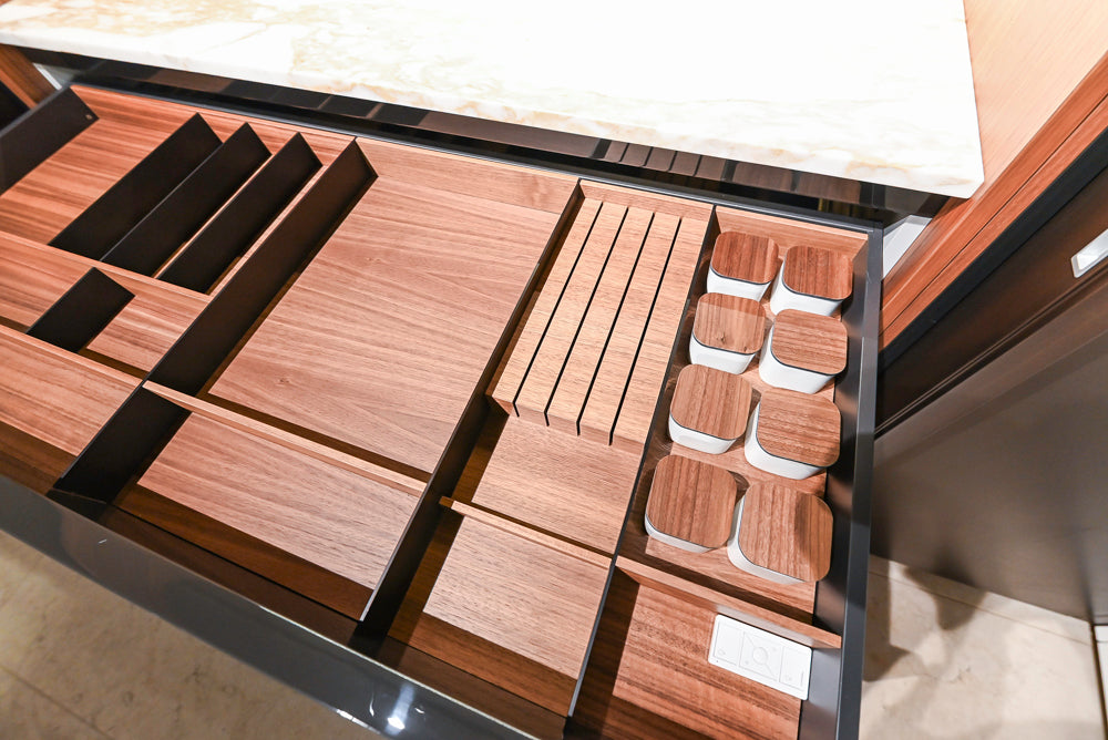 Poliform Artex Glacier White & Moka Modern Kitchen with Marble Countertops and Sub-Zero & Wolf Appliances