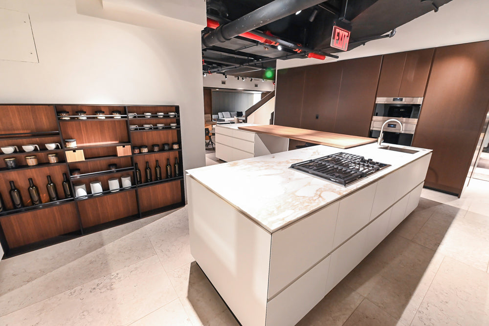 Poliform Artex Glacier White & Moka Modern Kitchen with Marble Countertops and Sub-Zero & Wolf Appliances