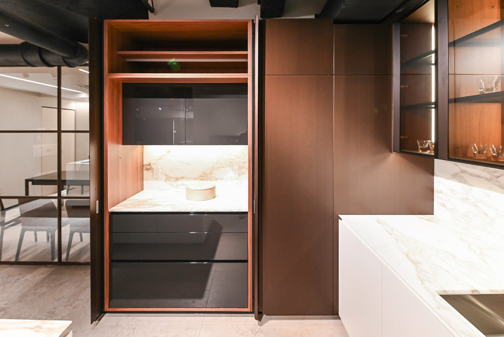 Poliform Artex Glacier White & Moka Modern Kitchen with Marble Countertops and Sub-Zero & Wolf Appliances