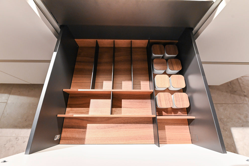 Poliform Artex Glacier White & Moka Modern Kitchen with Marble Countertops and Sub-Zero & Wolf Appliances