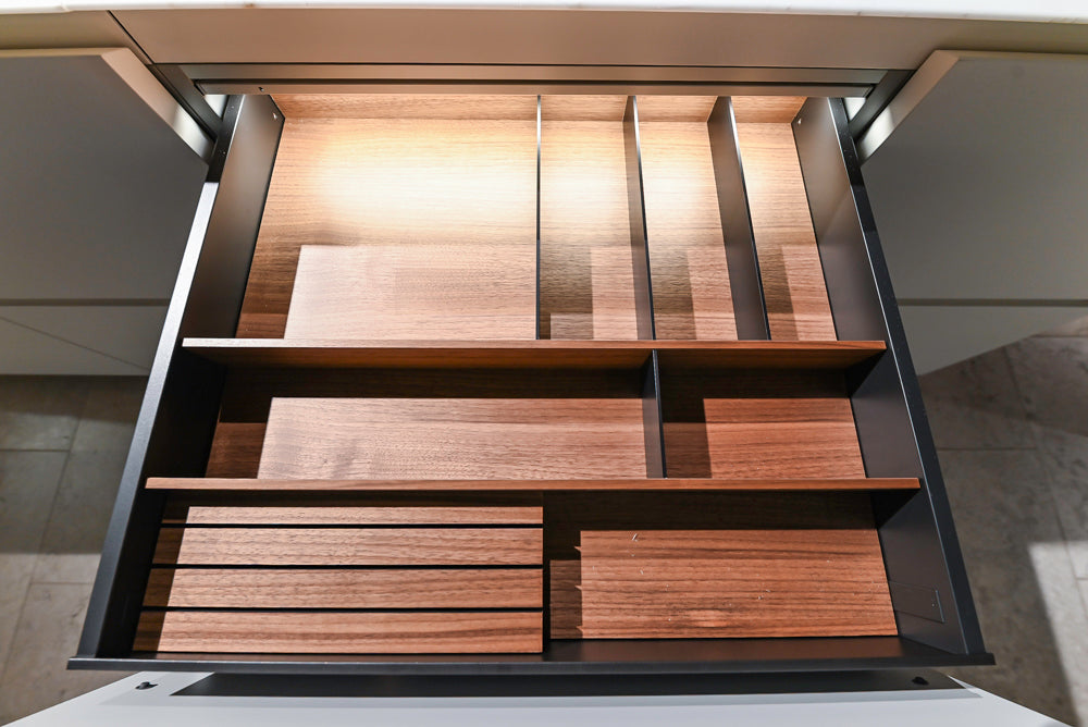 Poliform Artex Glacier White & Moka Modern Kitchen with Marble Countertops and Sub-Zero & Wolf Appliances