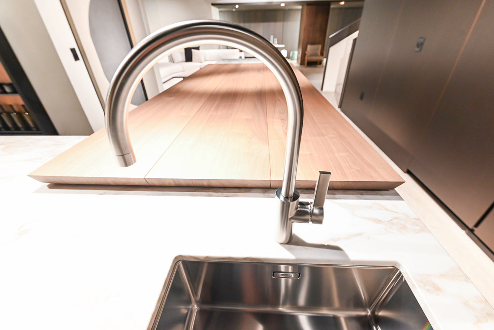 Poliform Artex Glacier White & Moka Modern Kitchen with Marble Countertops and Sub-Zero & Wolf Appliances