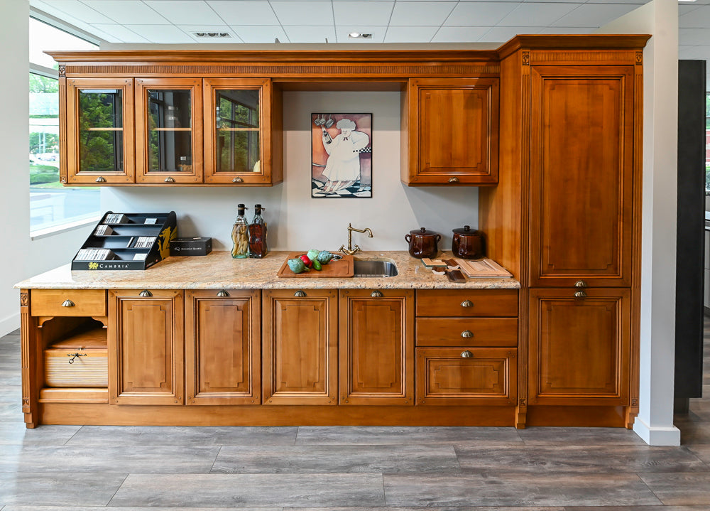Bamax custom Italian butler pantry wall solid cherry wood frame with integrated wet bar sink and faucet front view