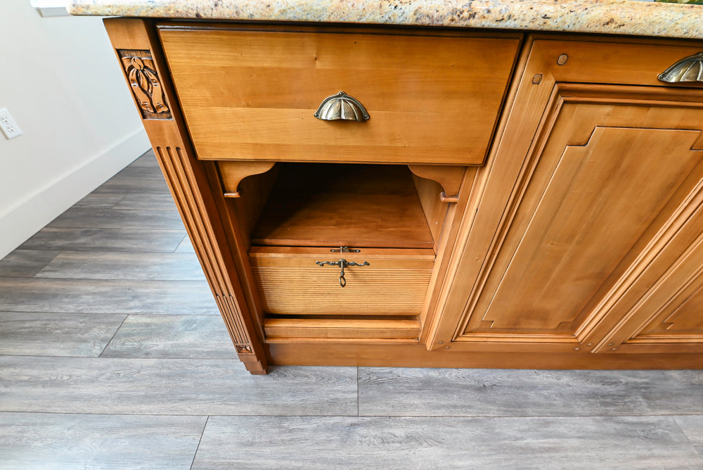 Luxury Bamax solid cherry wood staging bar showing upper glass doors open for stemware display