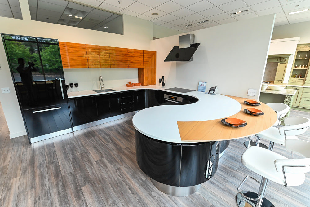 Aster Cucine Modern Glossy Black Curvy Kitchen with Miele Appliances