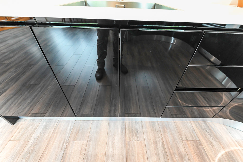 Aster Cucine Modern Glossy Black Curvy Kitchen with Miele Appliances