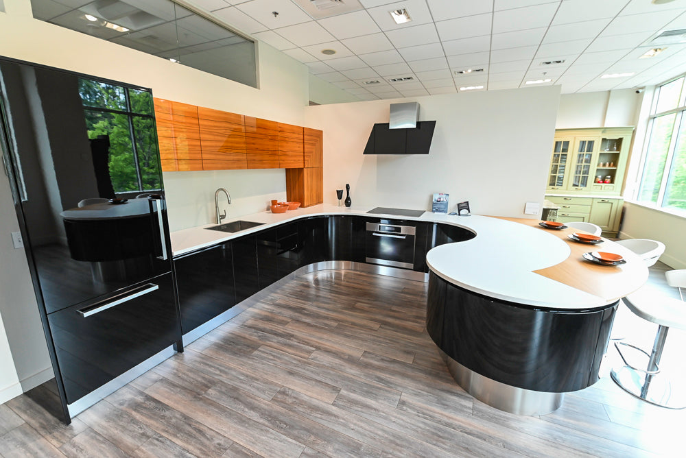 Aster Cucine Modern Glossy Black Curvy Kitchen with Miele Appliances