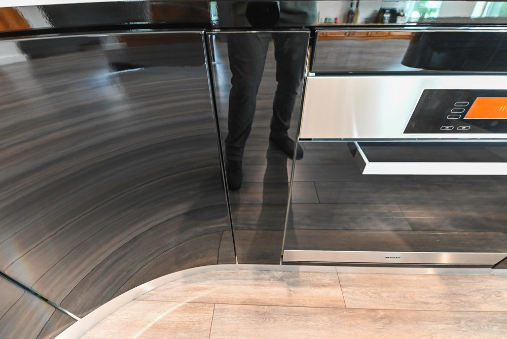 Aster Cucine Modern Glossy Black Curvy Kitchen with Miele Appliances