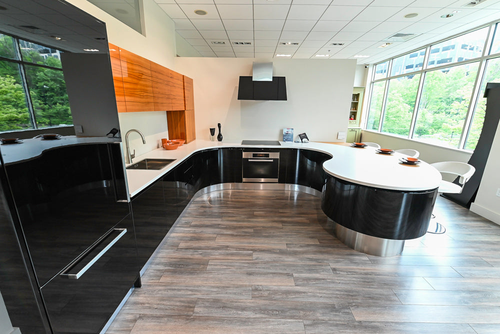 Aster Cucine Modern Glossy Black Curvy Kitchen with Miele Appliances