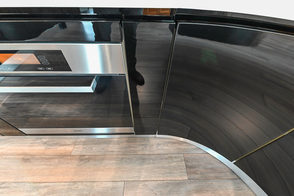 Aster Cucine Modern Glossy Black Curvy Kitchen with Miele Appliances