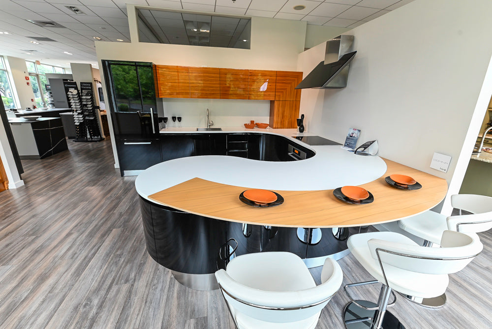 Aster Cucine Modern Glossy Black Curvy Kitchen with Miele Appliances