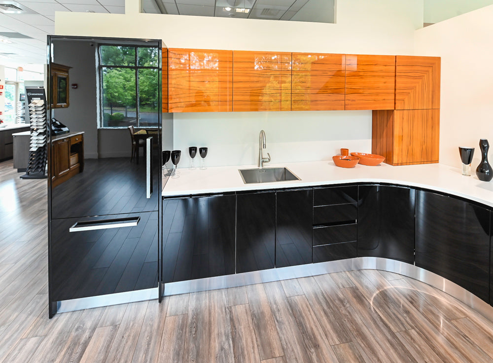 Aster Cucine Modern Glossy Black Curvy Kitchen with Miele Appliances