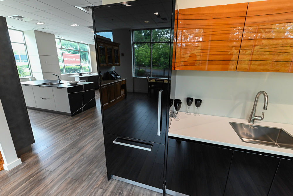Aster Cucine Modern Glossy Black Curvy Kitchen with Miele Appliances