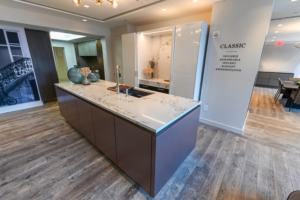 SieMatic S2 Modern Rose Gold Handleless Island with Lotus White Hideaway Pantry | photo 54