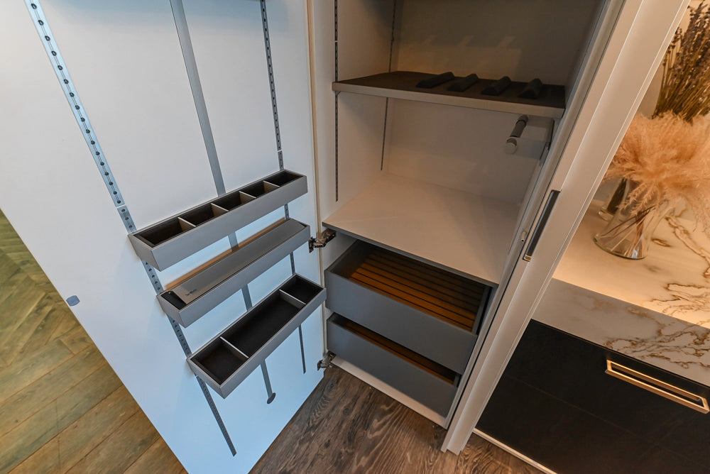 SieMatic S2 Modern Rose Gold Handleless Island with Lotus White Hideaway Pantry | photo 64