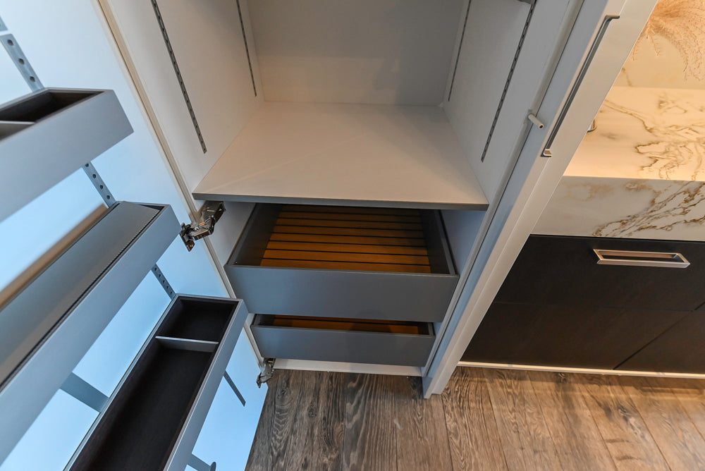 SieMatic S2 Modern Rose Gold Handleless Island with Lotus White Hideaway Pantry | photo 65