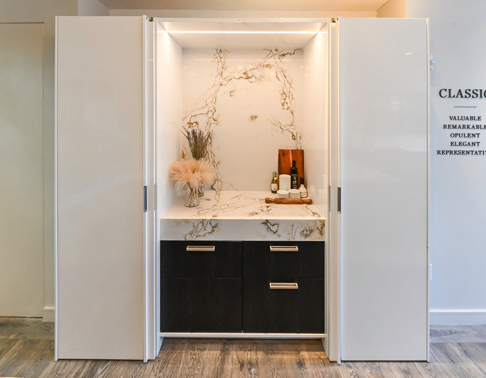 SieMatic S2 Modern Rose Gold Handleless Island with Lotus White Hideaway Pantry | photo 55