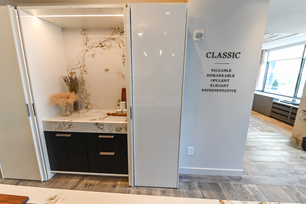 SieMatic S2 Modern Rose Gold Handleless Island with Lotus White Hideaway Pantry | photo 79