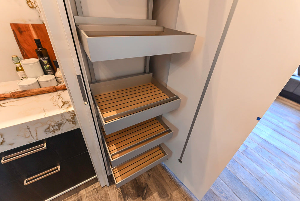 SieMatic S2 Modern Rose Gold Handleless Island with Lotus White Hideaway Pantry | photo 80