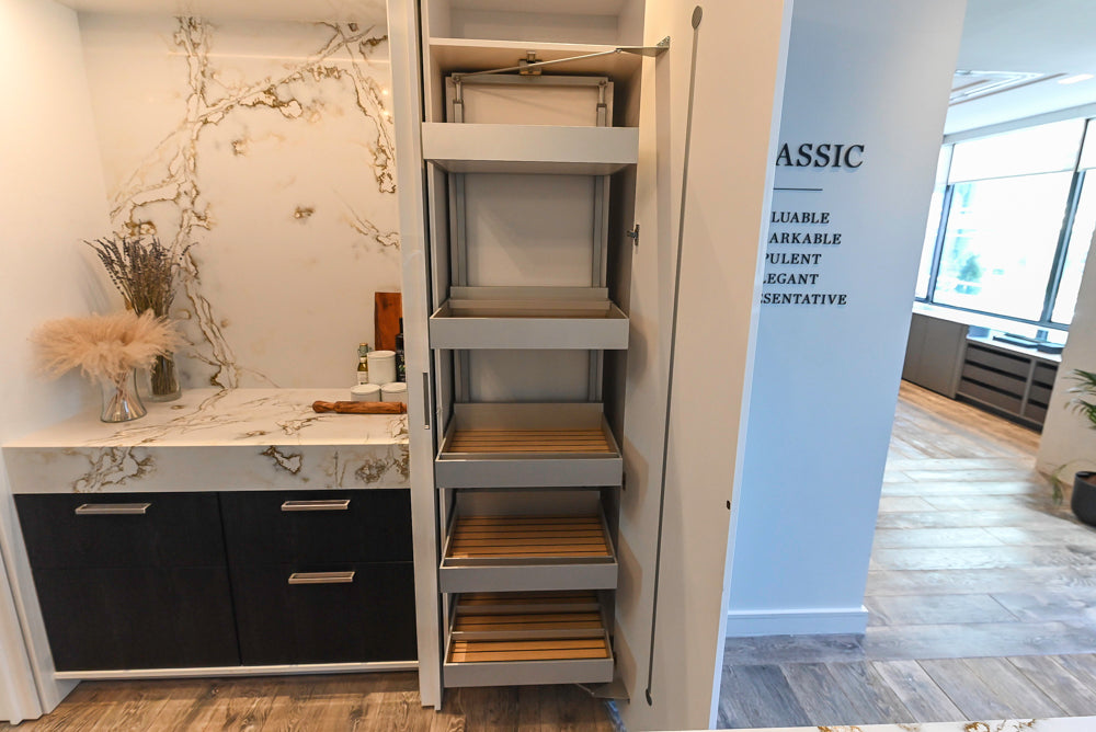 SieMatic S2 Modern Rose Gold Handleless Island with Lotus White Hideaway Pantry | photo 82